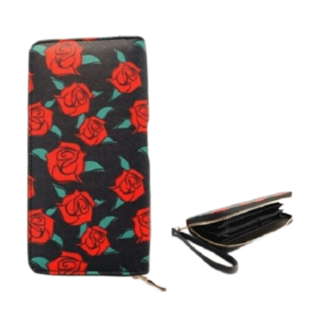 Cartera de mano con cremallera para mujer, diseño floral, rosas rojas, rosas rojas