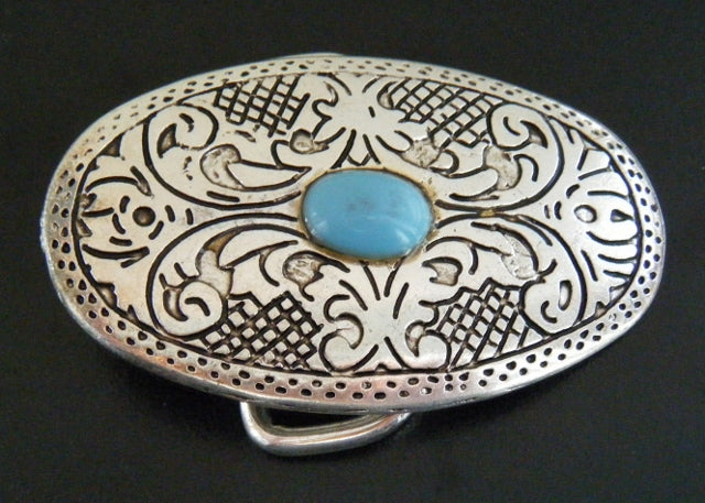 Flower Turquoise Blue Stone Etched Belt Buckle