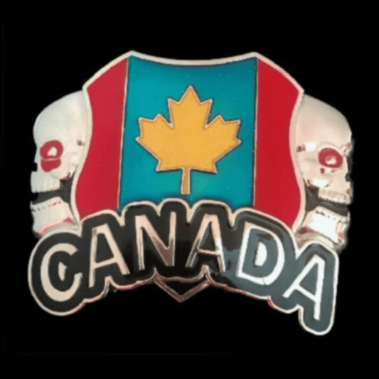 Funky Canada Flag Two Skull Heads Belt Buckle