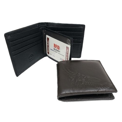 MEN'S AMERICAN EAGLE EMBOSSED DESIGN GENUINE LEATHER BROWN TRIFOLD WALLET RFID