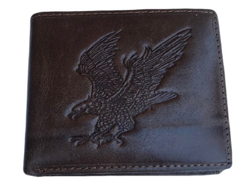 MENS AMERICAN EAGLE EMBOSSED DESIGN GENUINE LEATHER BROWN TRIFOLD WALLET