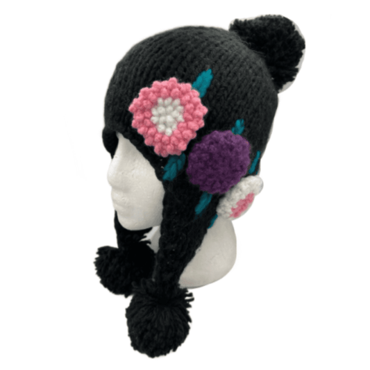 Nouveau Mode femmes noir chapeau chaud hiver Pom Pom tricoté au Crochet fleur