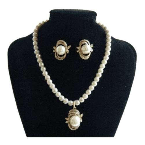 New Faux Wedding Pearl Gold Toned Trim Necklace Earring Bride Jewelry Set Gift