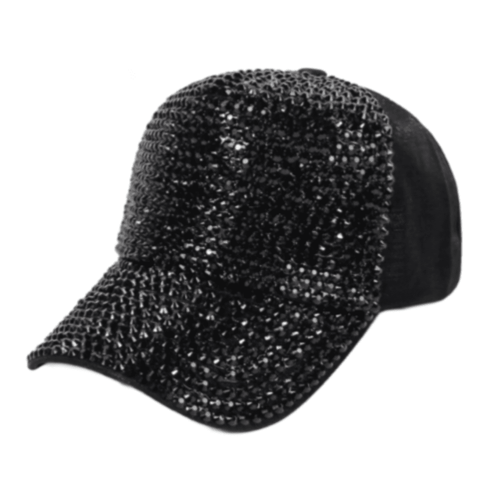 Casquette de baseball réglable cloutée en strass noir pour femme