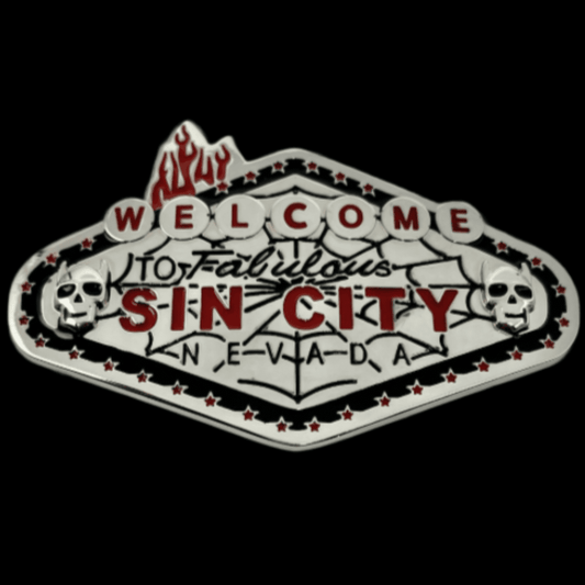 Welcome Sin City Gambler Nevada Spiderweb Skulls Belt Buckle