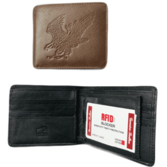 MENS AMERICAN EAGLE EMBOSSED DESIGN GENUINE LEATHER BROWN TRIFOLD RFID WALLET