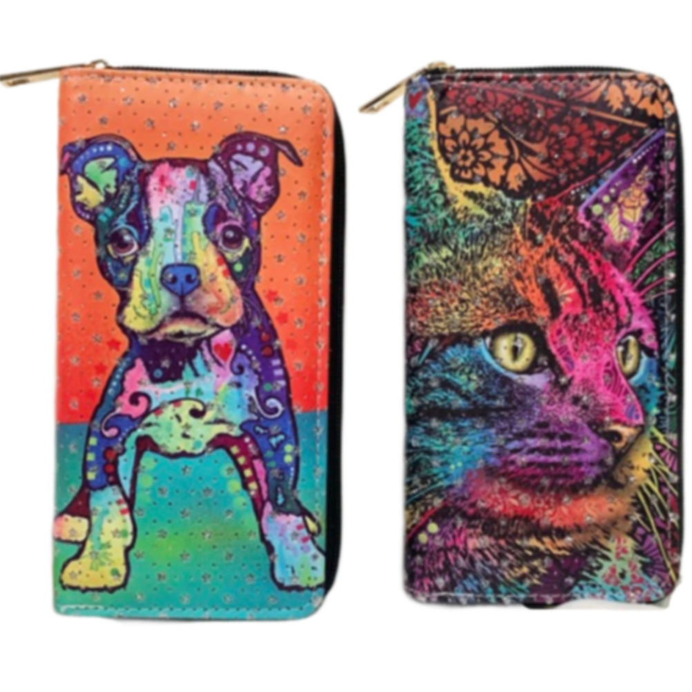 Cartera de mano con cremallera para mujer, diseño colorido de piel de perro y gato, a la moda