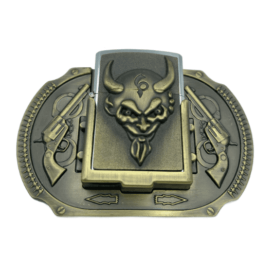 Devil Satan Guns Belt Buckle Flint Lighter Holder Western Buckles