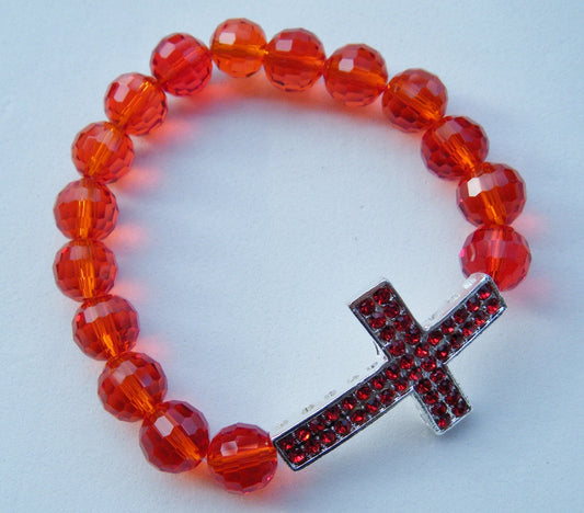 ORANGE RED  CRYSTAL BEADS RHINESTONE RELIGIOUS CROSS STRETCH FASHION BRACELET