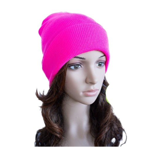 Pink Neon Beanie Cap Plain Knit Ski Hat Cuff Winter Solid Warm Men Women