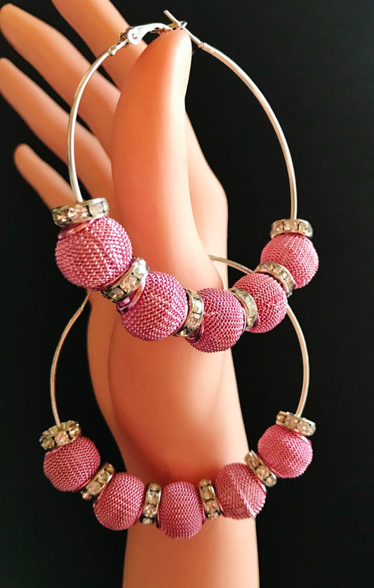 PINK SPHERE FASHION JEWELRY HOOP ROUND EARRINGS