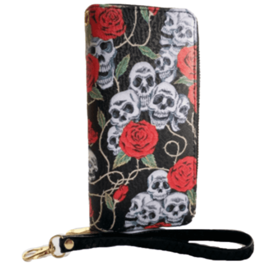 Skull Roses Wallet Western Floral Mujeres Niñas Pulsera Negro