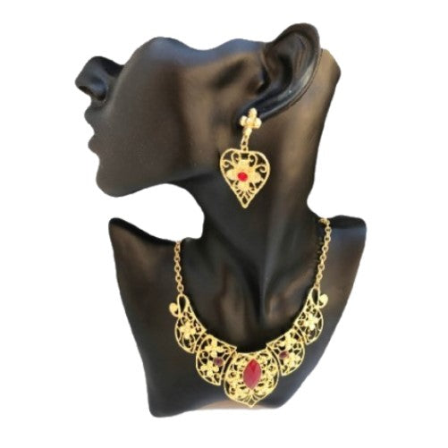 Portuguese Style Gold Toned Red Stone Necklace Earrings Set