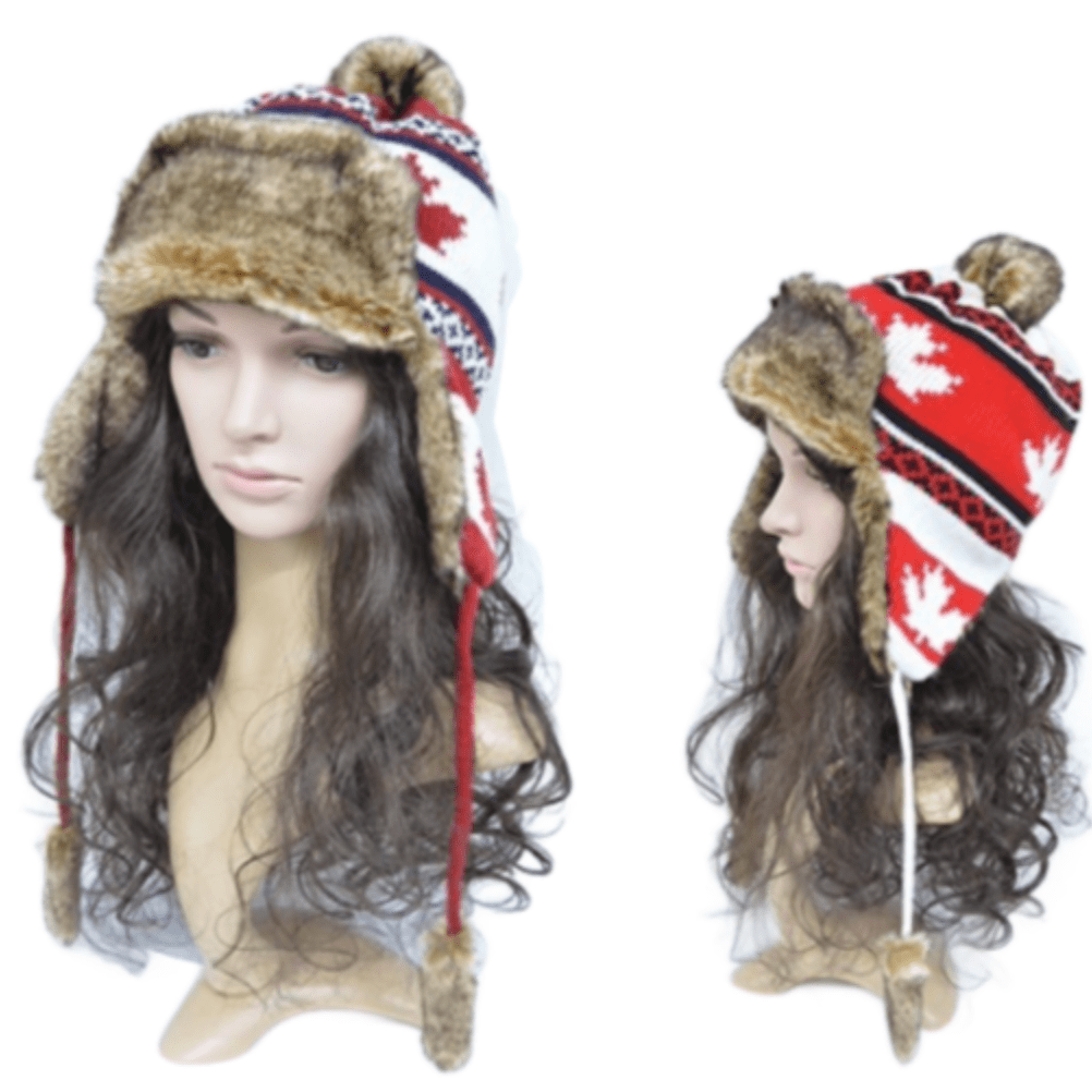 RED WHITE CANADA FAUX FUR FASHION WINTER SKI HAT MAPLELEAF EAR FLAPS UNISEX