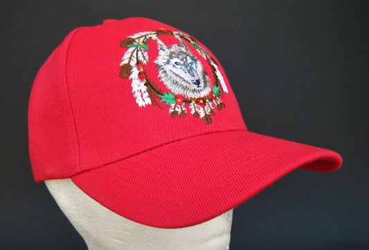 SOMBRERO ROJO BOLA GORRA DE BÉISBOL LOBO SALVAJE ANIMAL PLUMAS ORGULLO INDIO NATIVO ATRAPASUEÑOS