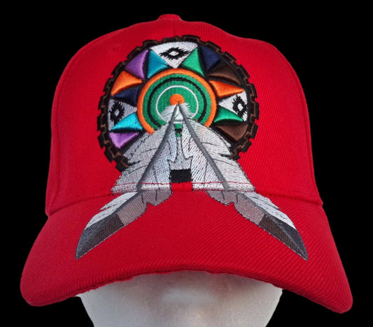 SOMBRERO ROJO GORRA DE BÉISBOL ATRAPASUEÑOS PLUMAS CASQUETA CHAPEAU INDIO NATIVO