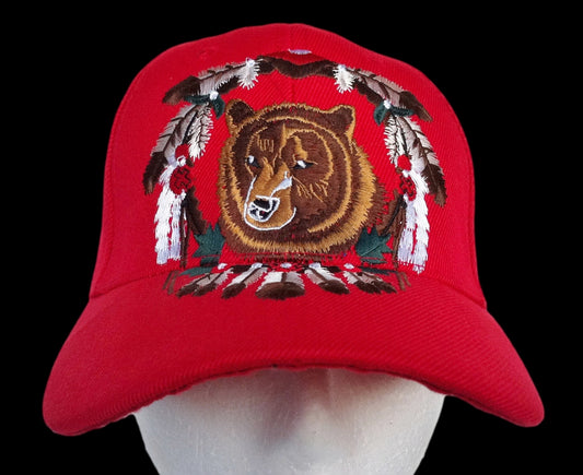 SOMBRERO ROJO GORRA DE BÉISBOL OSO SALVAJE ANIMAL PLUMAS NATIVO INDIO CHAPEAU CASQUETTE