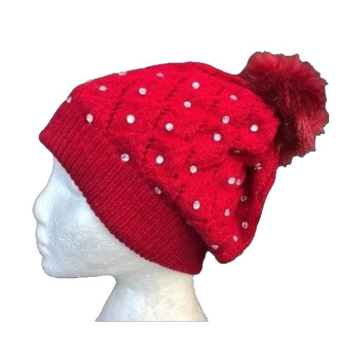 BONNET DE SKI MODE HIVER POM POM ROUGE STRASS BLANCS