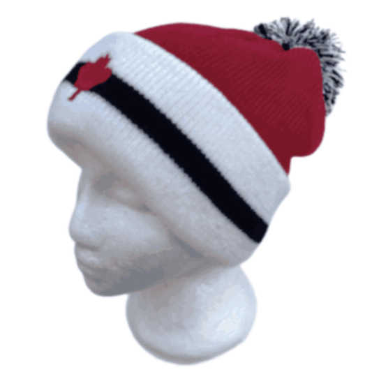 Gorros de invierno con pompón de esquí y hoja de arce de Canadá con rayas rojas y blancas