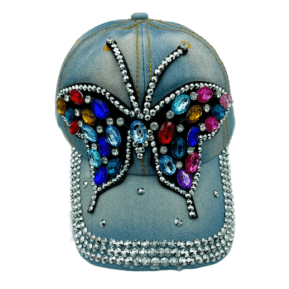 Gorra de béisbol para mujer con diseño de mariposa y diamantes de imitación