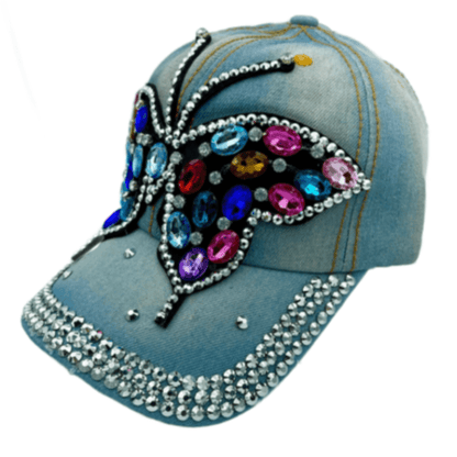 Gorra de béisbol para mujer con diseño de mariposa y diamantes de imitación