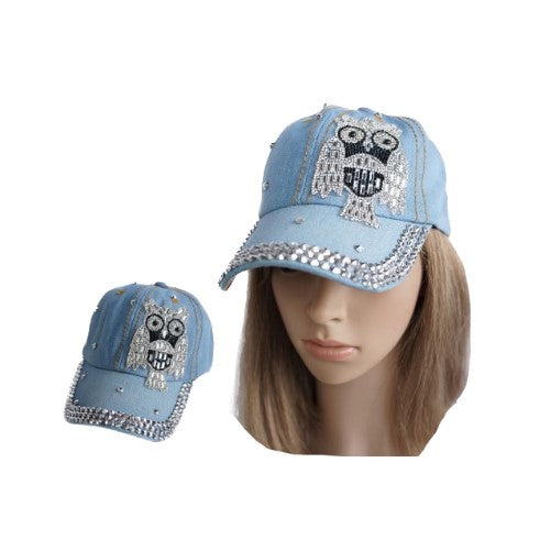 Rhinestone Owl Bling Denim Women's Baseball Cap Hat