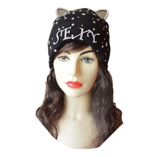 Sexy Cat Ears Jewel Studded Bling Silver Rhinestone Winter Tuque Hats