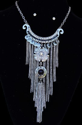 Silver Plated Alloy Black Beads Tassle Fringe Fashion Necklace Earrings Set