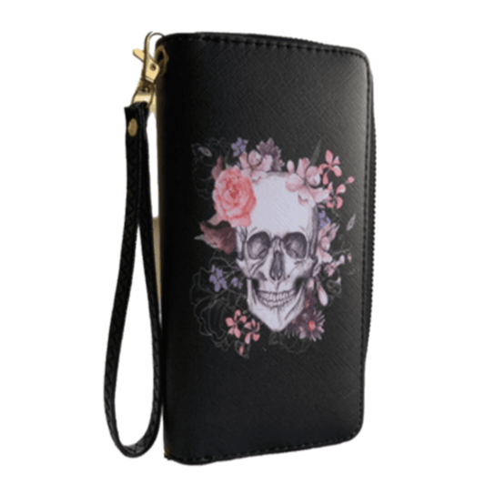 Skull Roses Clutch Wallet Western Floral Women's Wristlet Black