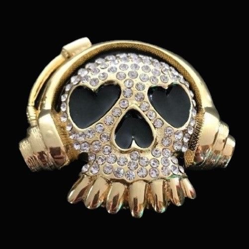 Skull Hip Hop Music Rhinestone DJ Headphone Belt Buckle