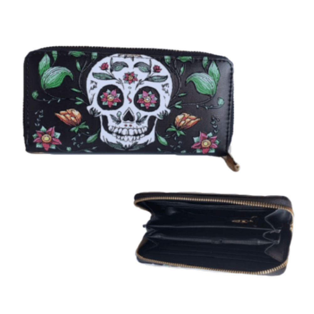 Sugar Skull Wallet Western Floral Mujeres Niñas Pulsera Negro