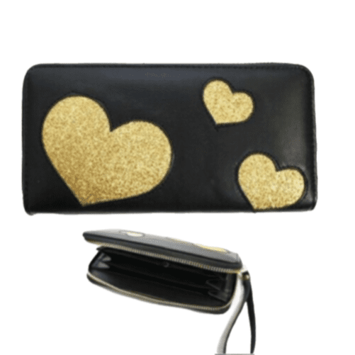 Cartera de mano con cremallera para mujer con diseño de tres corazones dorados