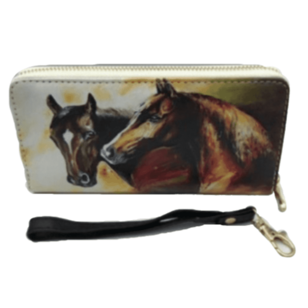 Cartera de mano con diseño de caballo occidental, correa para la muñeca, diseño con cremallera, monedero ecuestre