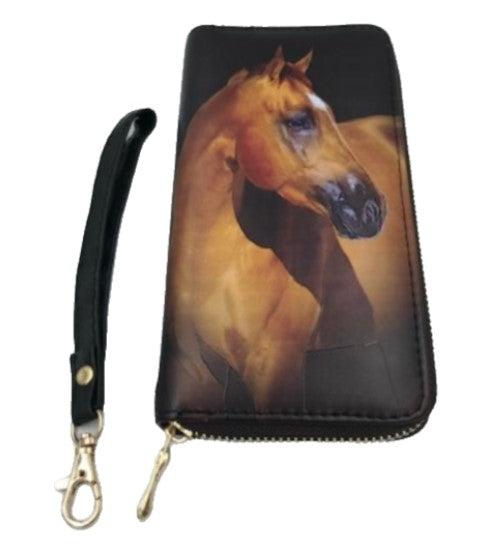 Cartera de mano con diseño de caballo occidental, correa para la muñeca, diseño con cremallera, monedero ecuestre