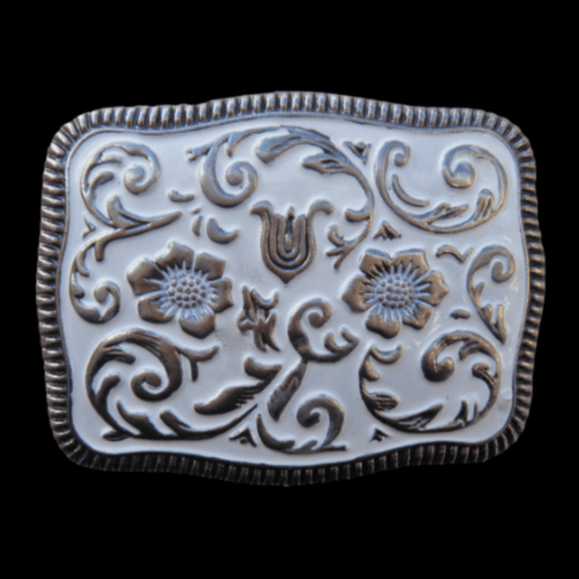 White Flower Cowboy Cowgirl Western Belt Buckle