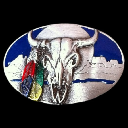 Texas Steers Native Indian Art Western Belt Buckle