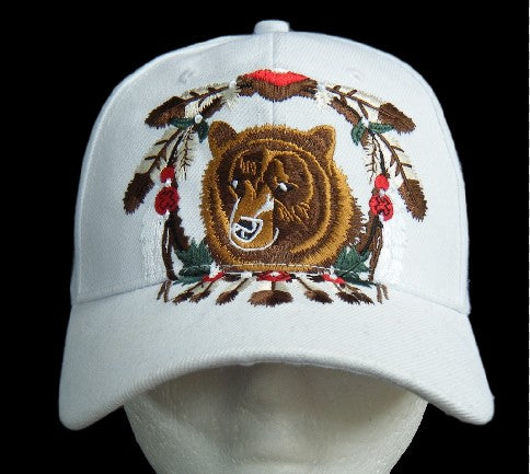 SOMBRERO BLANCO GORRA DE BÉISBOL OSO SALVAJE ANIMAL PLUMAS NATIVO INDIO ATRAPADOR DE VIENTO