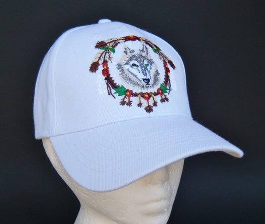 SOMBRERO BLANCO GORRA DE BÉISBOL LOBO SALVAJE ANIMAL PLUMAS NATIVO INDIO CHAPEAU CASQUETTE