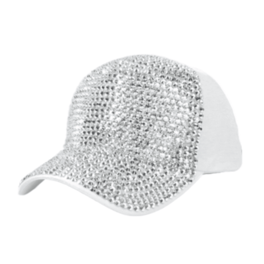 White Rhinestone Studded Bling Adjustable Baseball Hat for Women