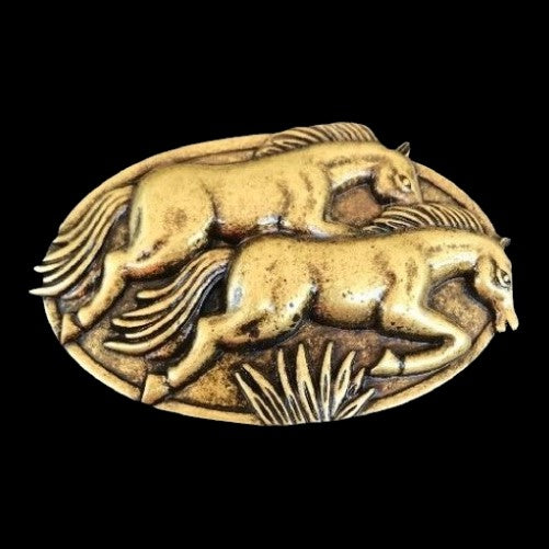 Horses Running Wild Equestrian Brass Tone Belt Buckle