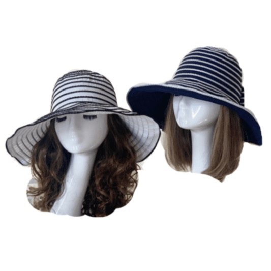 Women Fashion Wide Large Brim Hat Striped Reversible Hat Foldable Sun Bucket Cap