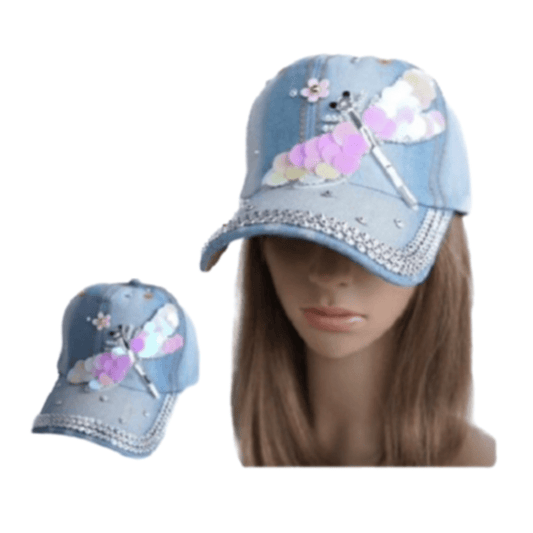 Women's Crystal Bling Over-Sized Dragonfly Cadet Cap Denim Baseball Hat