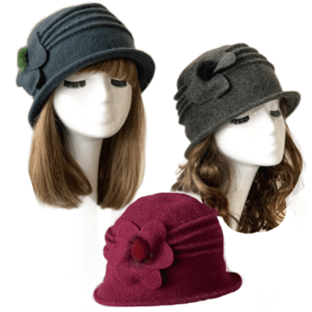 Mujer Flor Años 20 Invierno 100% Lana Gatsby Boina Gorro Cloche Bucket