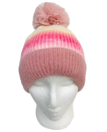 Gorro de punto con pompón de piel para mujer, gorro holgado con pompón, gorro de esquí para invierno