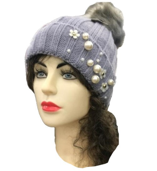 Gorro de punto con pompón de piel para mujer, gorro holgado con pompón, gorro de esquí para invierno