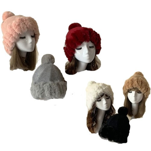 Women's Plush Beanies Pom Hats Knit Thickened Winter Warm Cute Faux Fur Cap