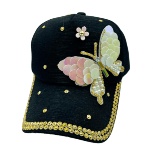 Women's Sequins Butterfly Hat Gold Bling Baseball Hat Sparkle Rhinestone Ballcap