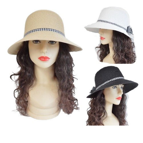 Women's Summer Foldable Checkered Bow Straw Cloche Sun Hat Hats