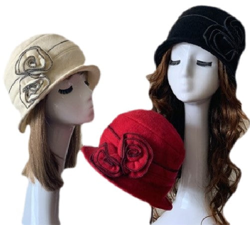 Women's Two Floral 1920s Winter 100% Wool Cap Beret Beanie Cloche Bucket Hat