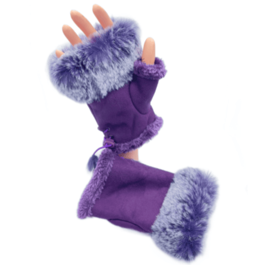 Women Winter Warmer Fingerless Gloves Faux Fur Suede Wrist Solid Mitten